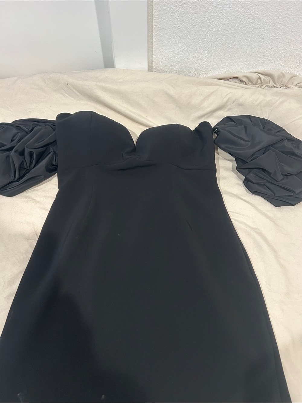 Ronny Kobo One-Shoulder Black Midi Dress with Puff Sleeve